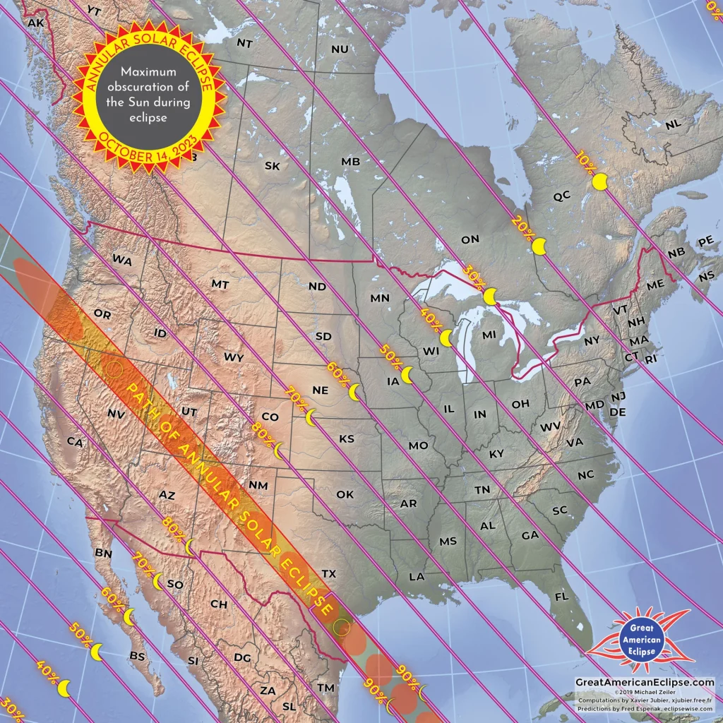 Map showing path of annular eclipse. By Great American Eclipse.